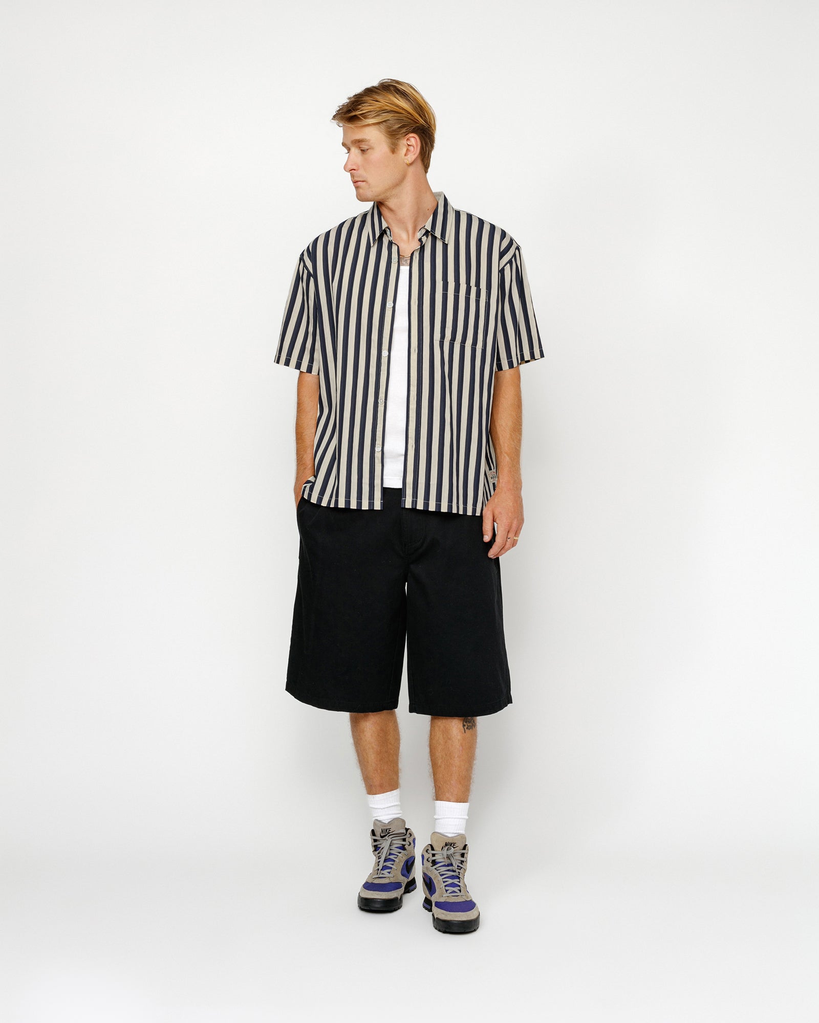 Stüssy Boxy Flat Hem Shirt Striped Navy Tops