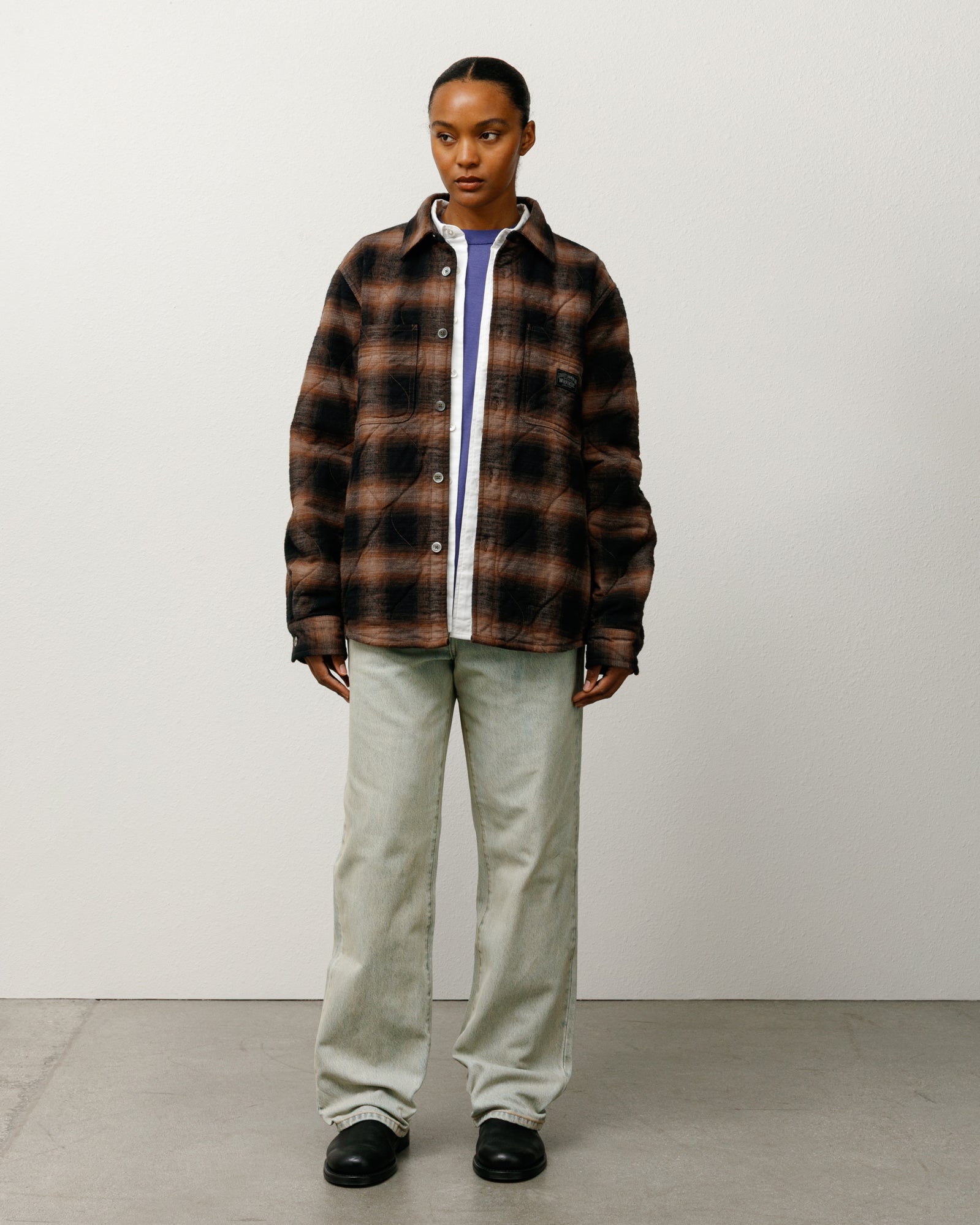 Quilted Plaid Shirt Jacket Mens Long Sleeve In Brown