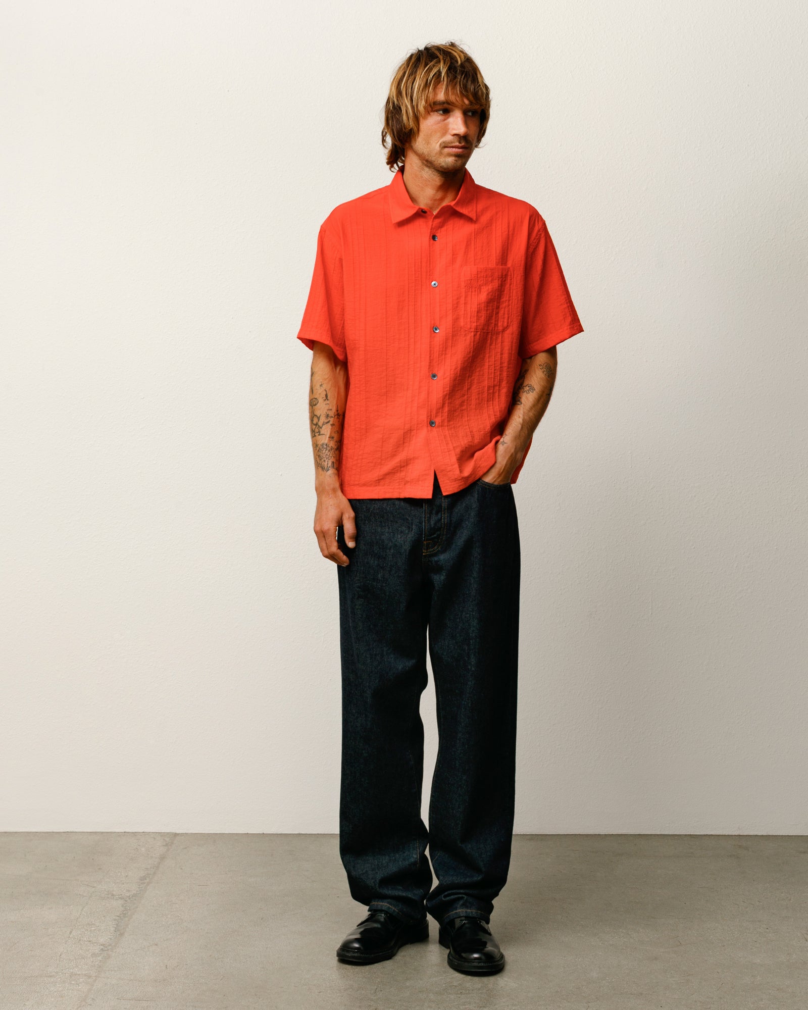 Pleated Textured Shirt – Red | Tops & Shirts | Stüssy Japan