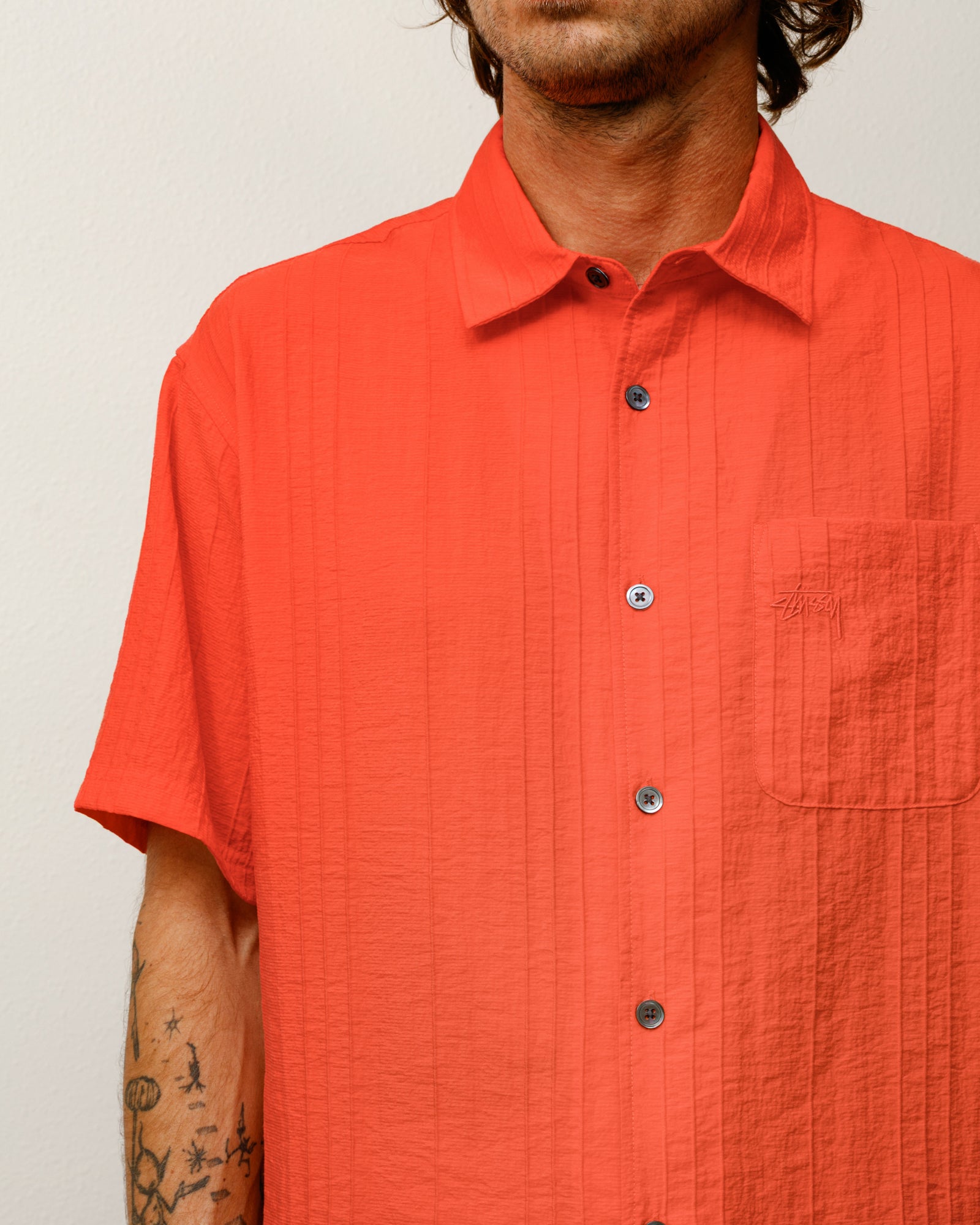 Pleated Textured Shirt – Red | Tops & Shirts | Stüssy Japan