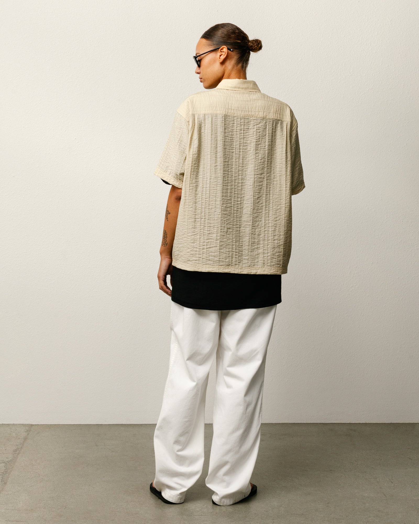 Pleated Textured Shirt Mens Long Sleeve In Tan