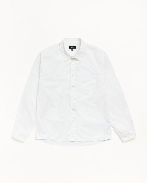 Stüssy Standard LS Shirt ホワイトコットンのボタンアップ長袖シャツ、胸ポケット付き