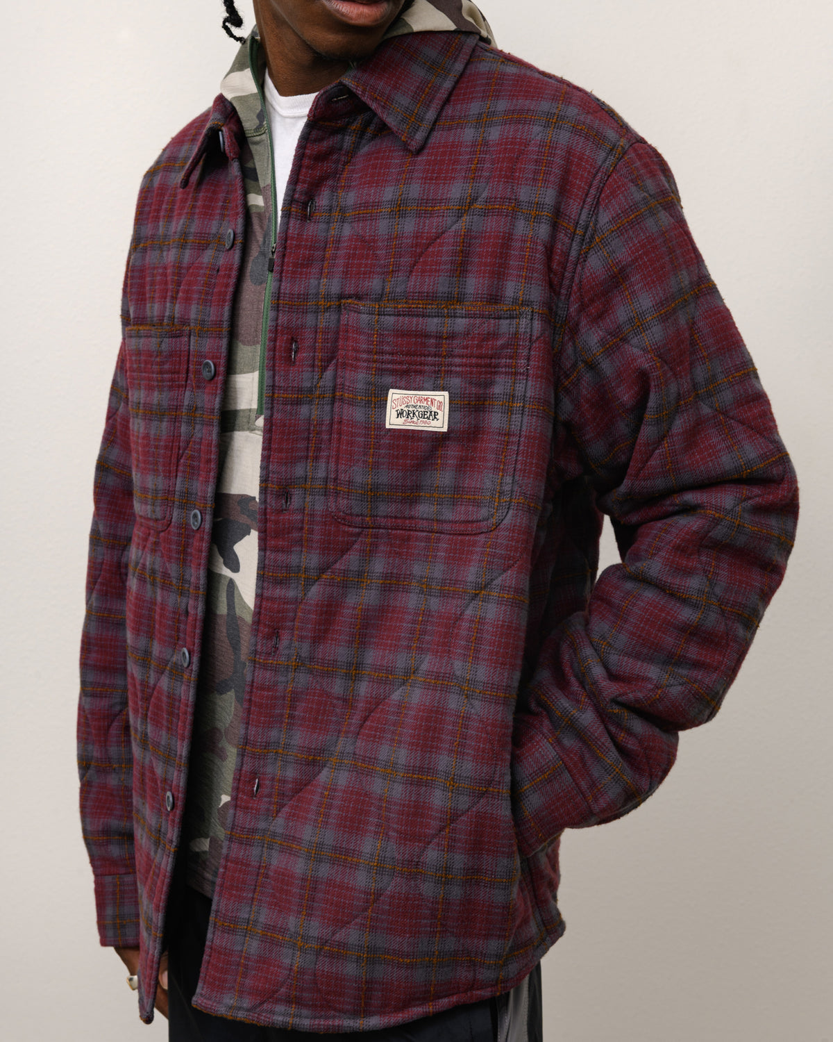 Quilted Plaid Shirt Jacket Unisex Long Sleeve In Grey