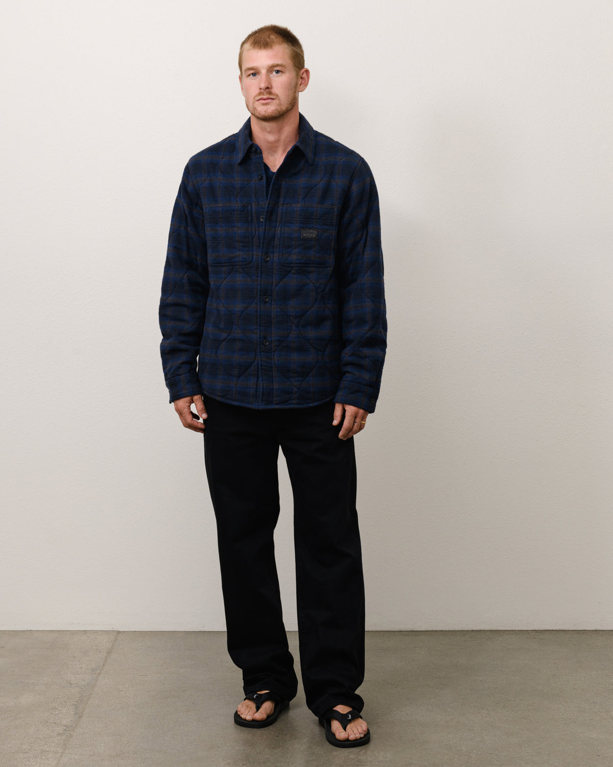 Quilted Plaid Shirt Jacket Unisex Long Sleeve In Navy