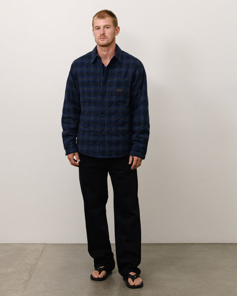 Quilted Plaid Shirt Jacket Unisex Long Sleeve In Navy
