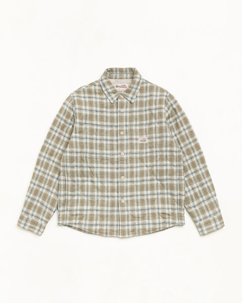 Quilted Plaid Shirt Jacket Unisex Long Sleeve In Olive