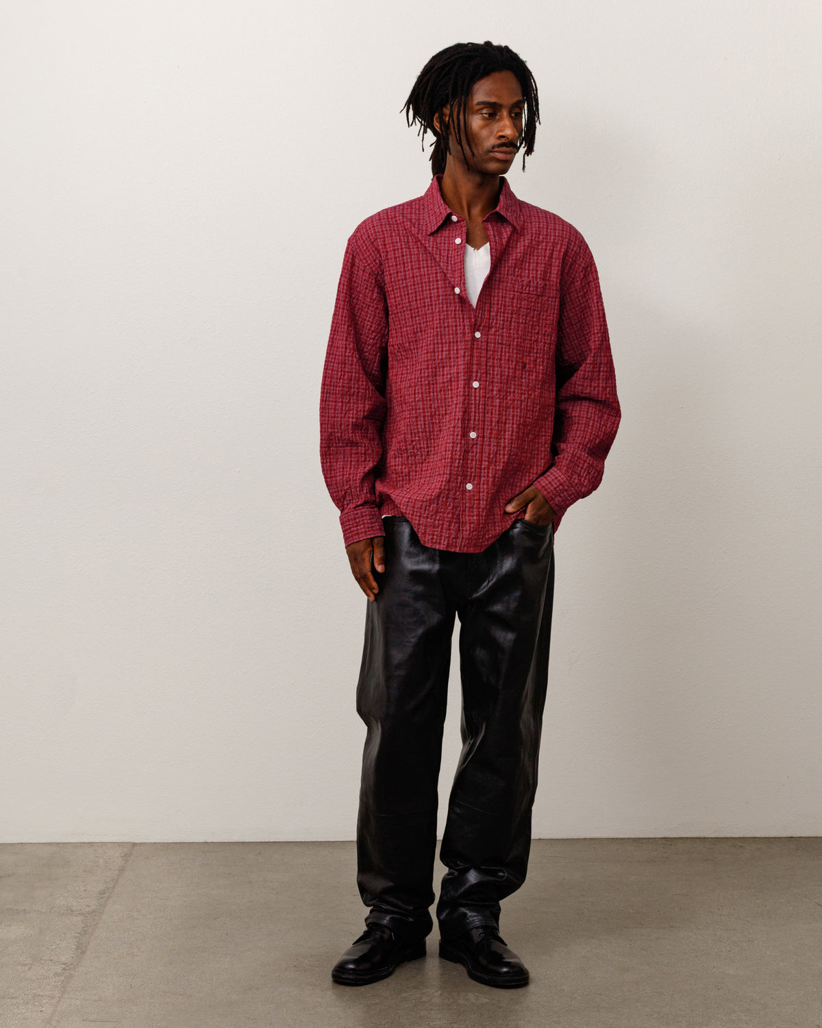 Standard Ls Shirt Crinkle Unisex Long Sleeve In Burgundy Check