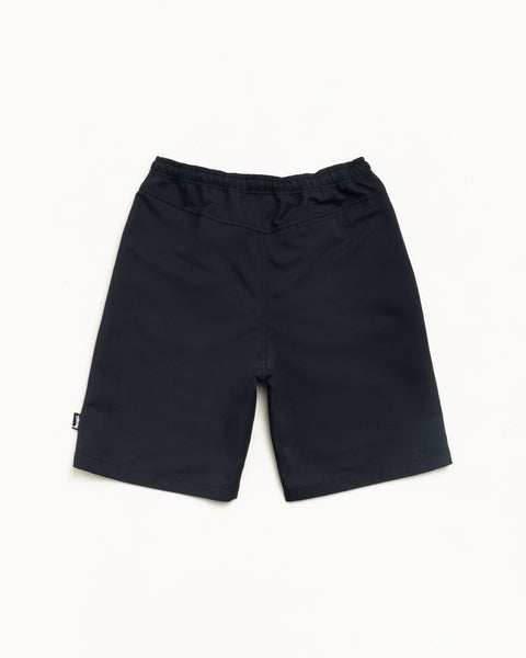ブラックのBaggy Beach Short、伸縮ウエストのユニセックスフィットのショート丈ショーツ