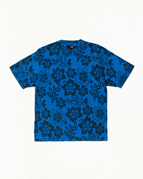 LAZY Ss Tee フローラルプリントのユニセックス半袖Tシャツ、カラーはスポーツブルー