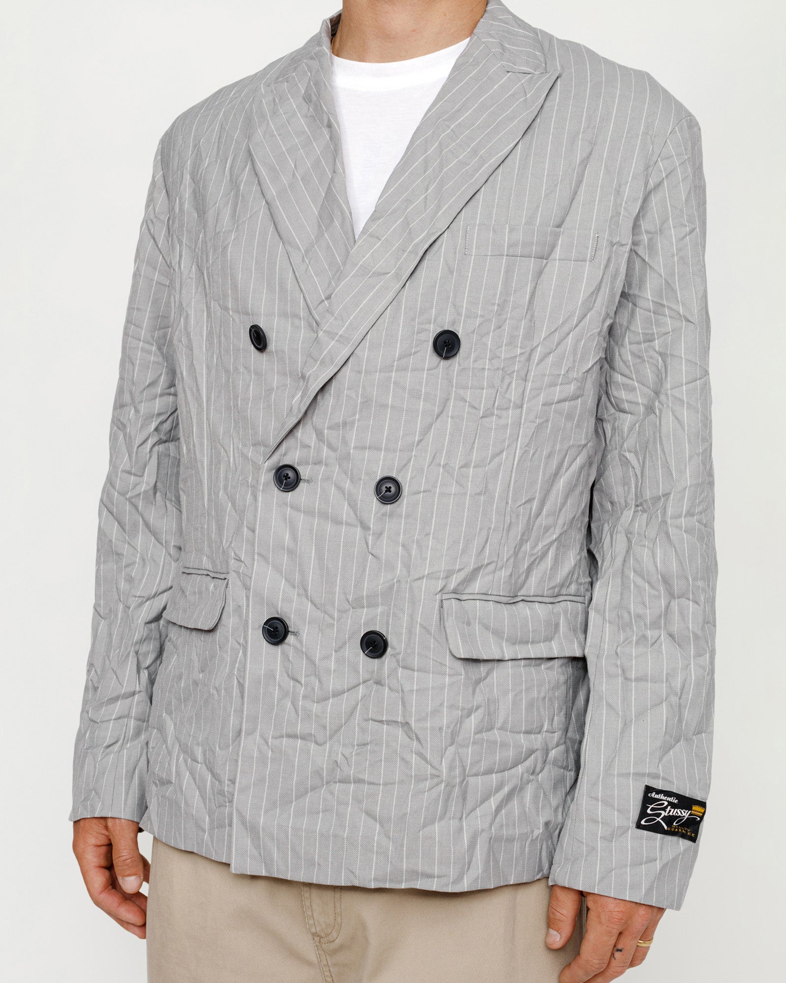 Stüssy Double-Breasted Blazer Wrinkled Stripe Grey Outerwear
