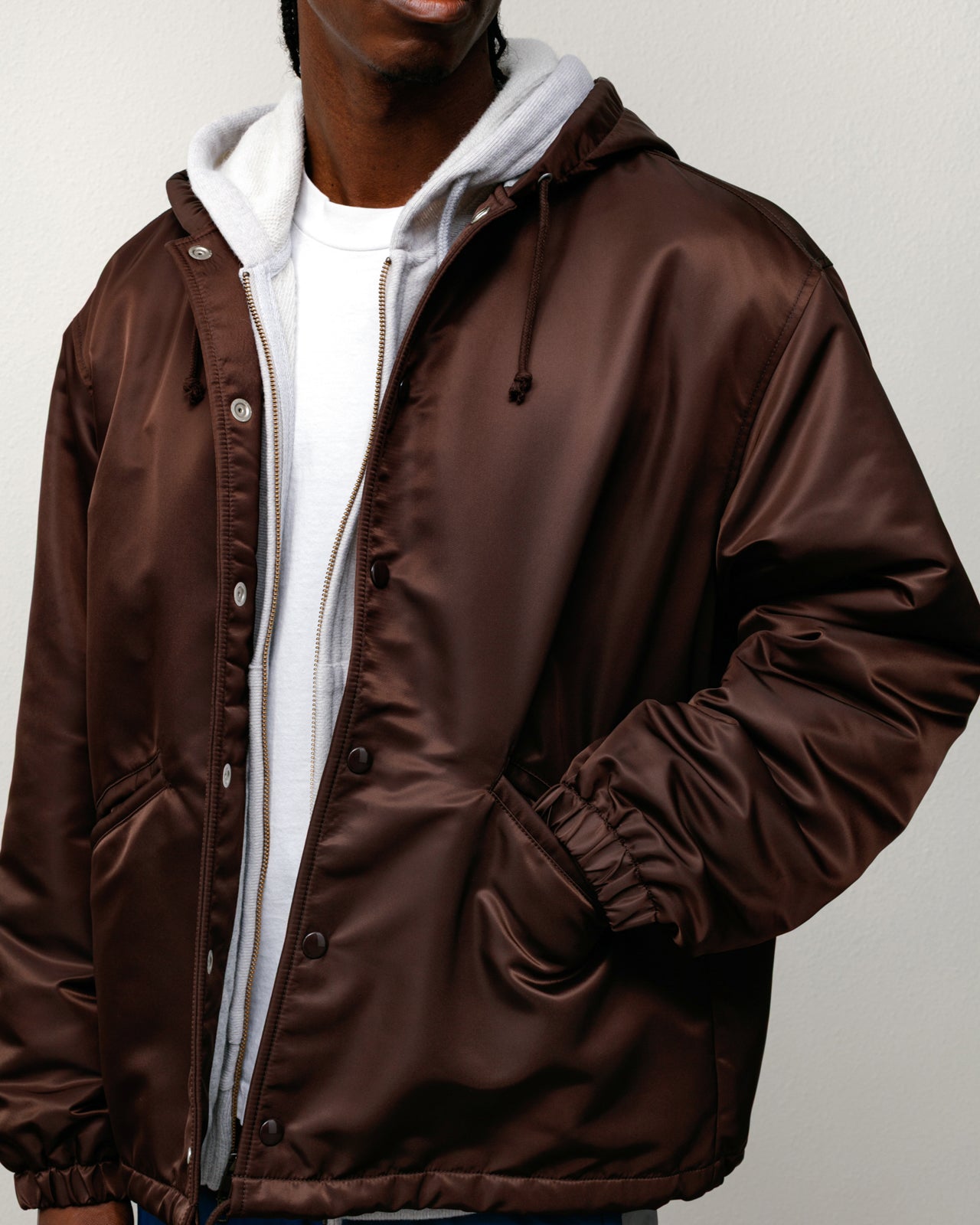 Hooded Coaches Jacket Mens Long Sleeve In Brown