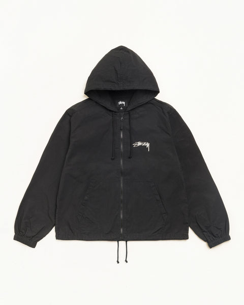 Stüssy ワックスドコットン製ビーチシェルジャケット、ブラックカラーのユニセックスアイテム