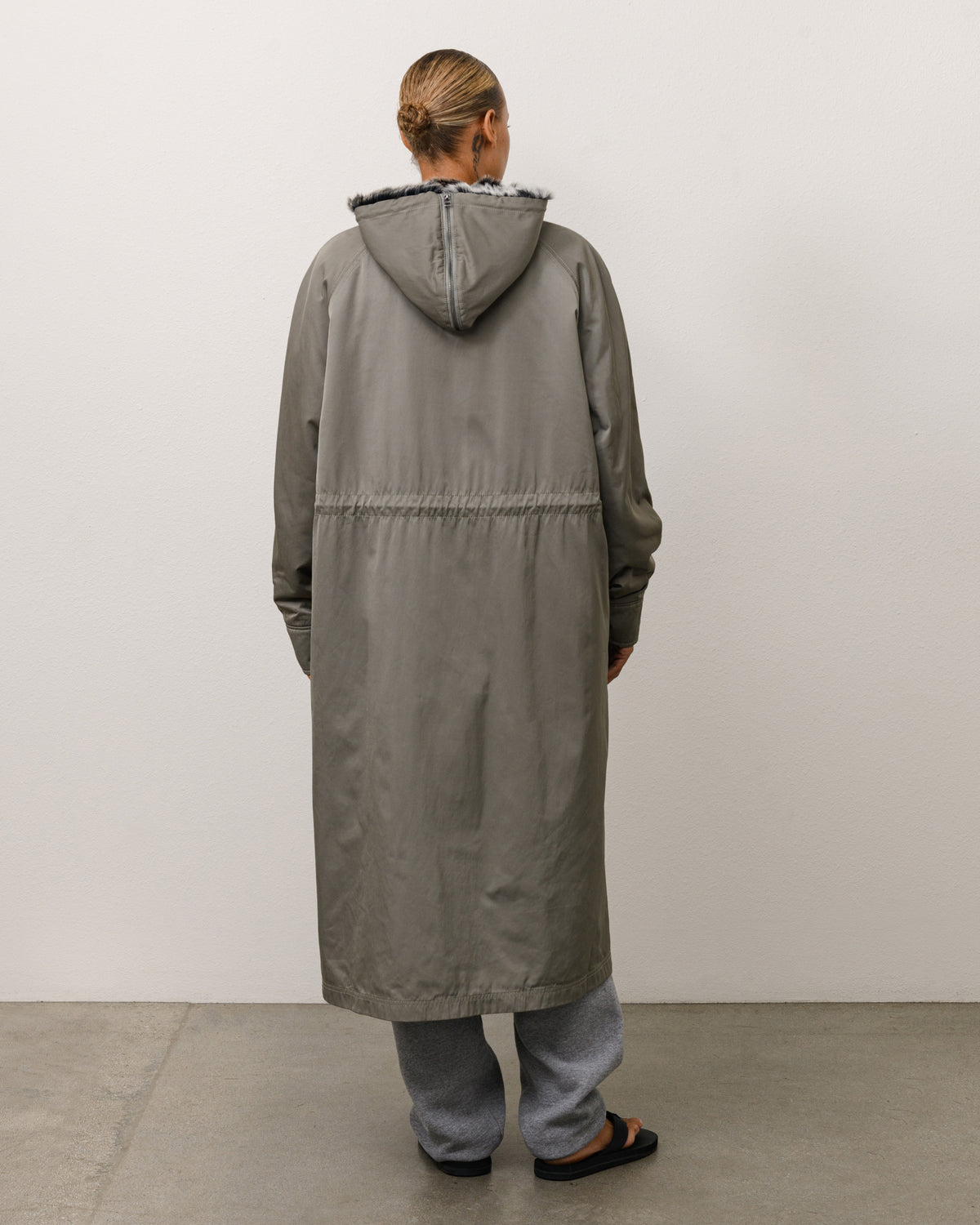 Fur Hood Long Parka Unisex Long Sleeve In Green