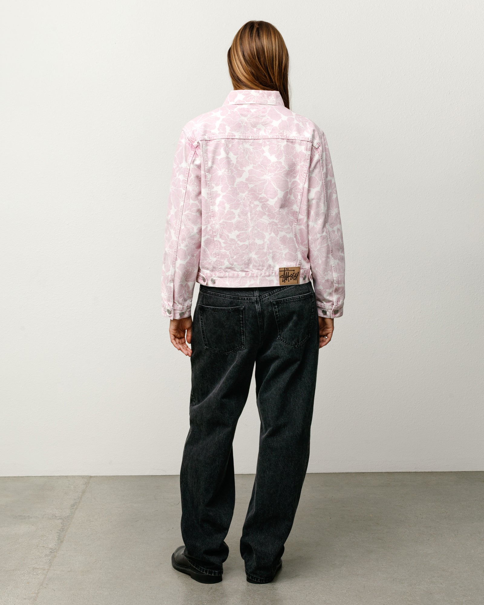 Printed Denim Trucker Unisex Long Sleeve In Pink Hawaiian