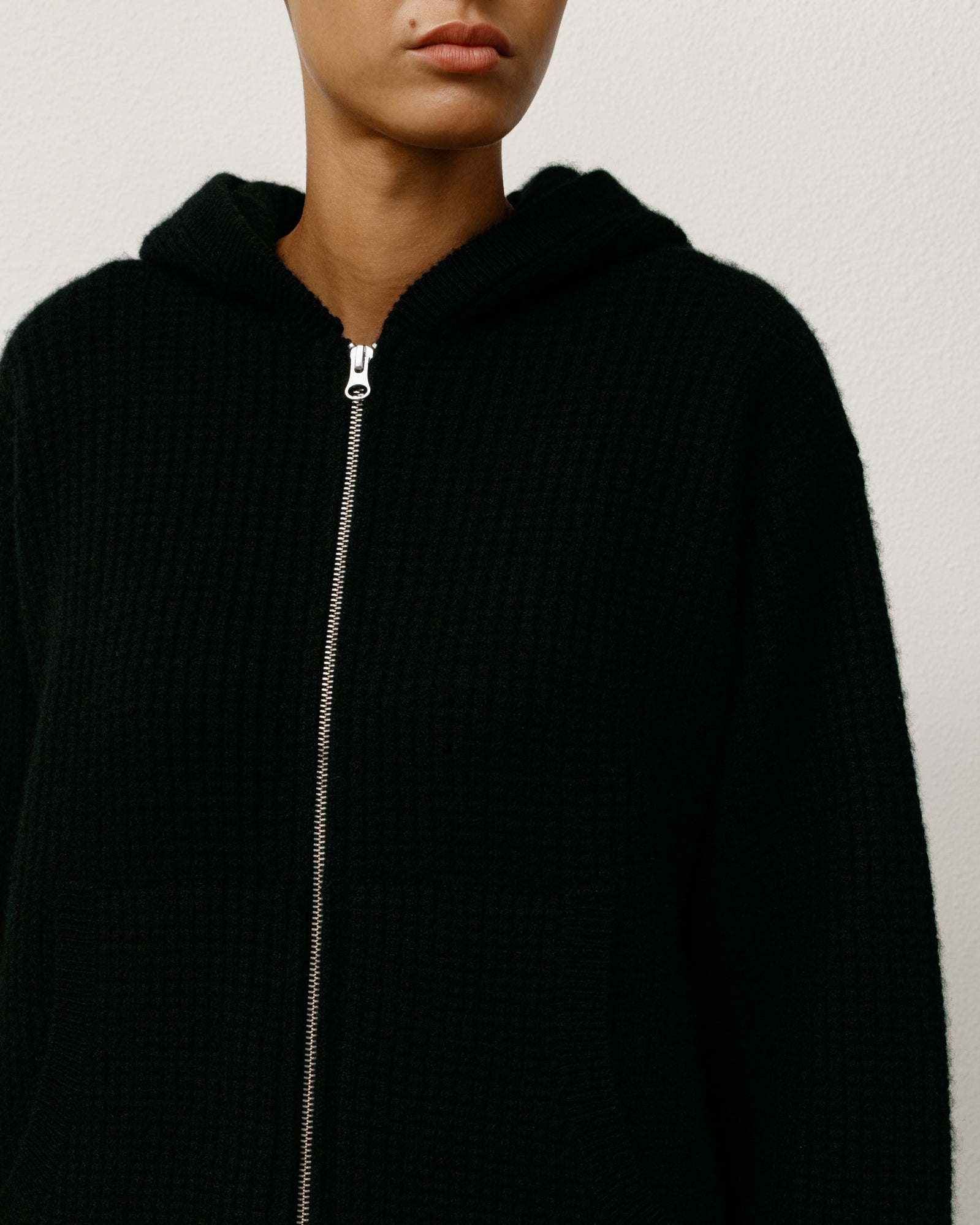 Waffle Cashmere Zip Hood Sweater – Black | Sweaters & Knits