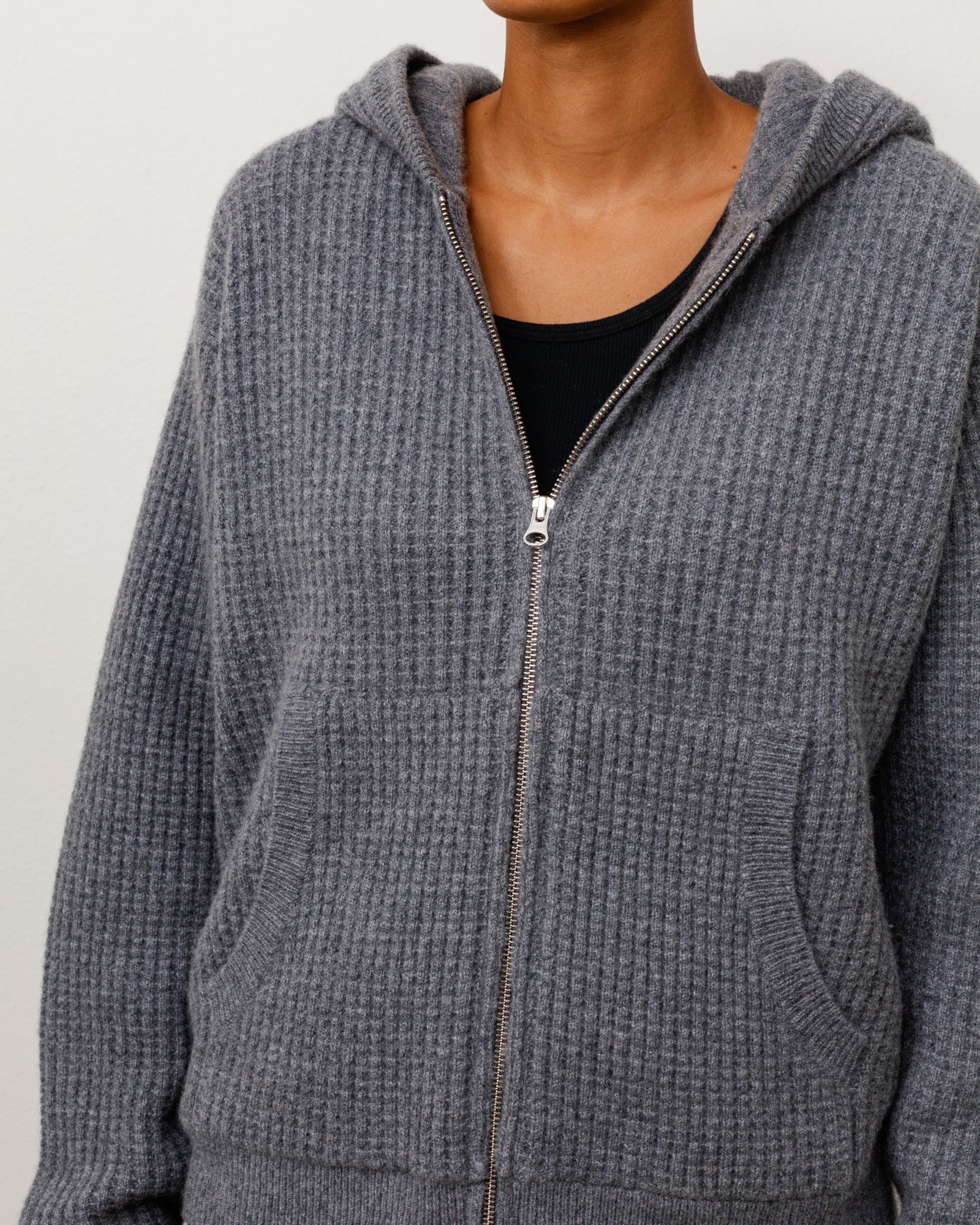 Waffle Cashmere Zip Hood Unisex Long Sleeve In Charcoal