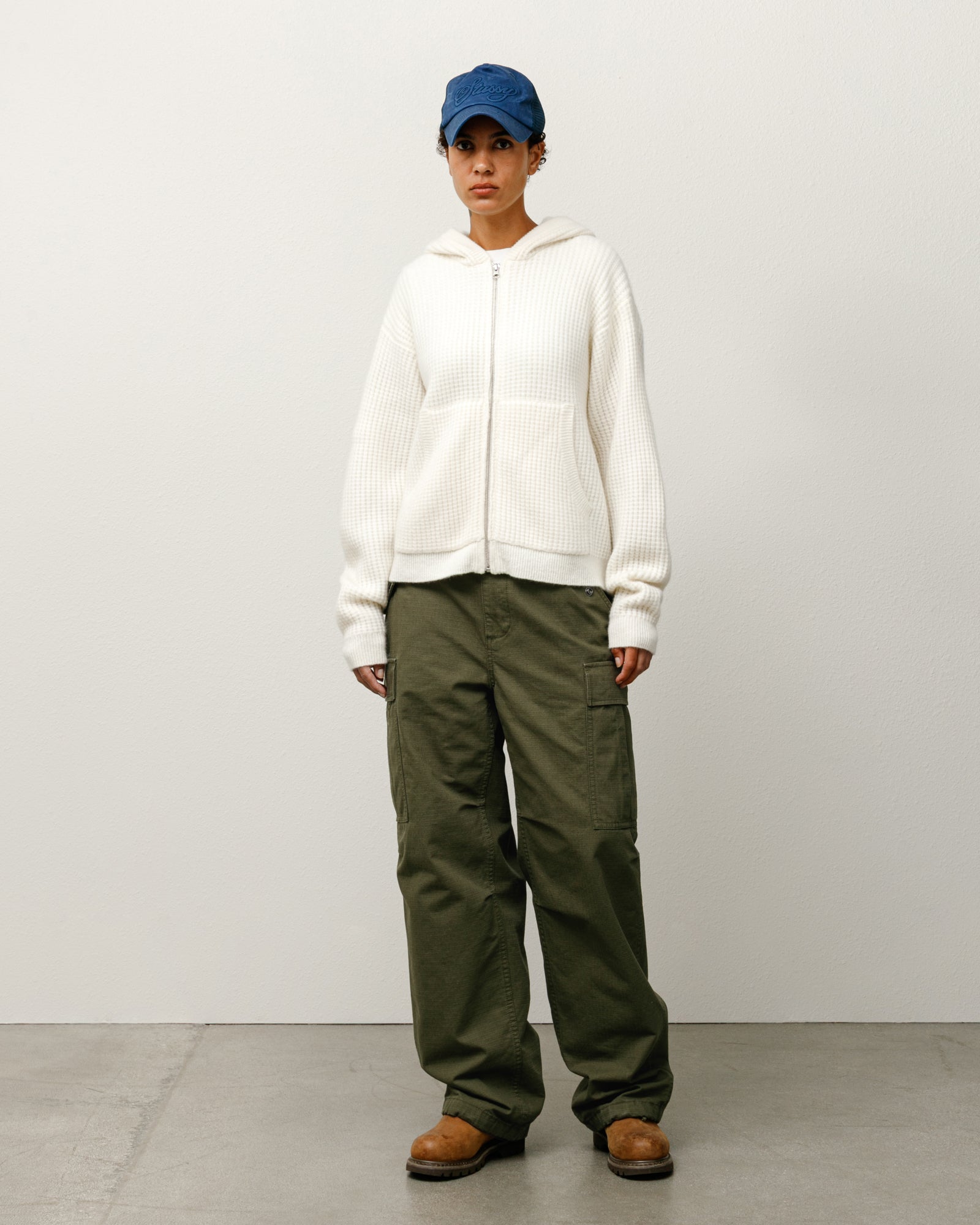 Waffle Cashmere Zip Hood Mens Long Sleeve In Ivory