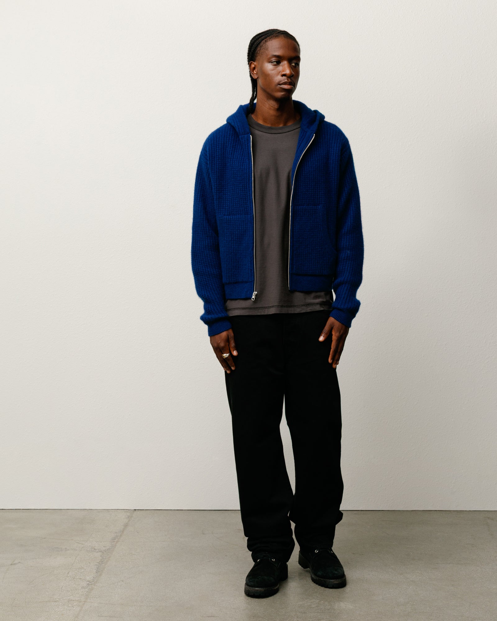 Waffle Cashmere Zip Hood Mens Long Sleeve In Navy