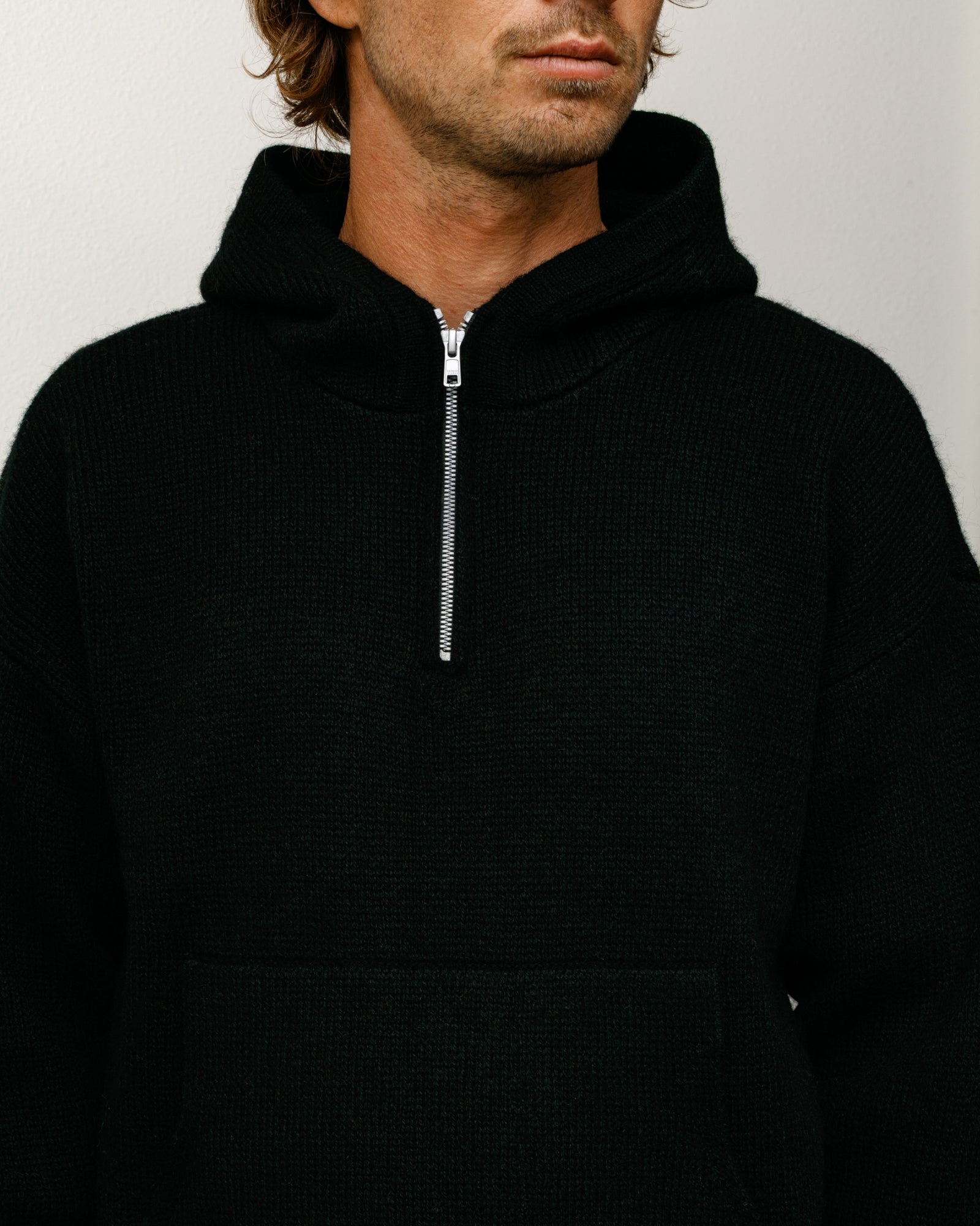 Quarter Zip Sweater Hood Mens Long Sleeve In Black