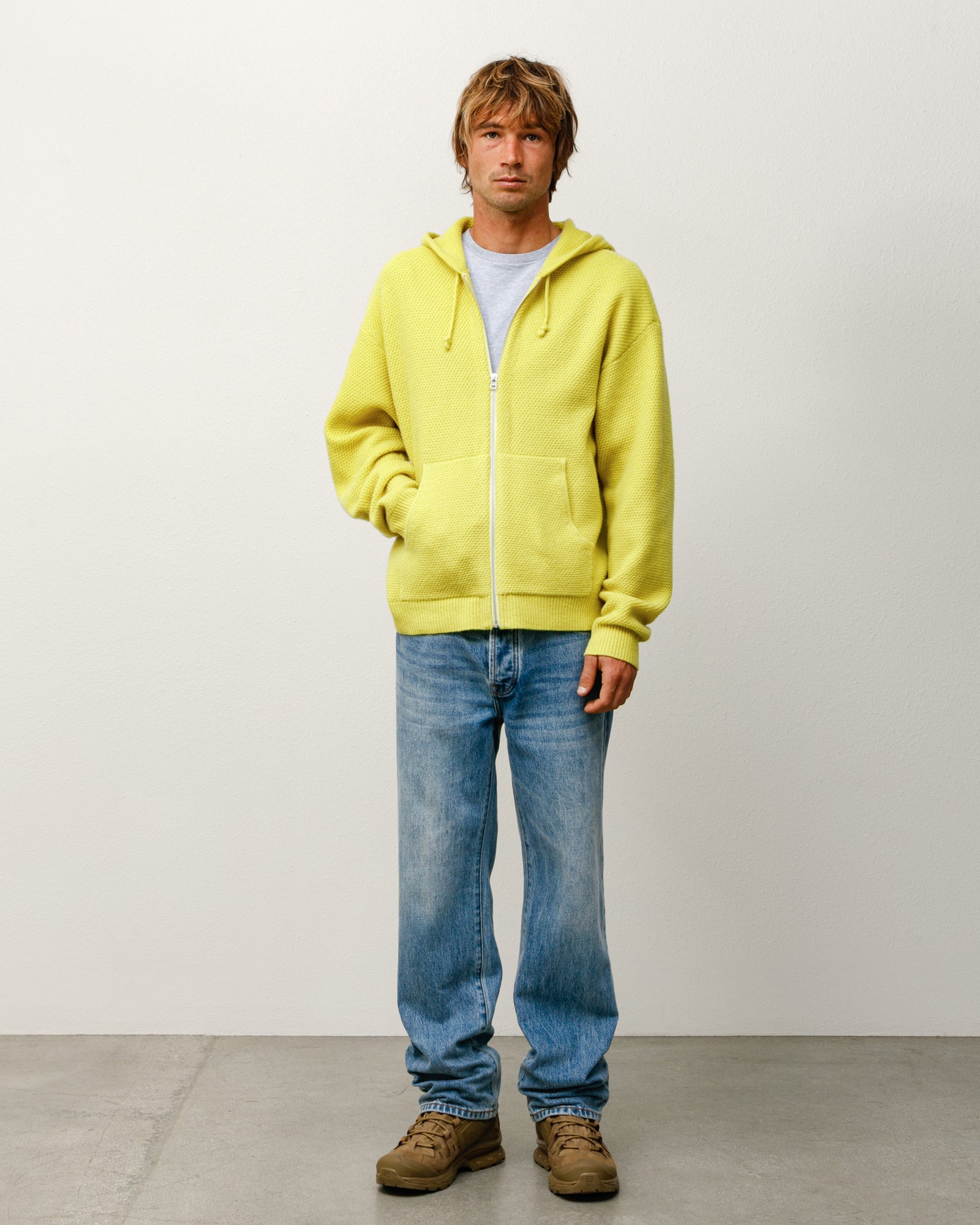 Textured Zip Hooded Sweater Mens Long Sleeve In Yellow