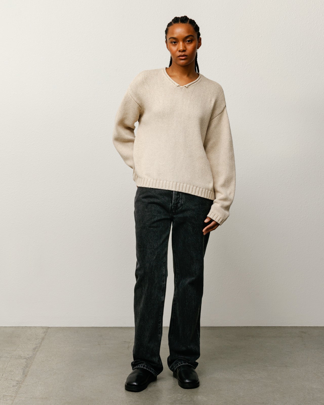 Roll V Neck Sweater Mens Long Sleeve In Oatmeal