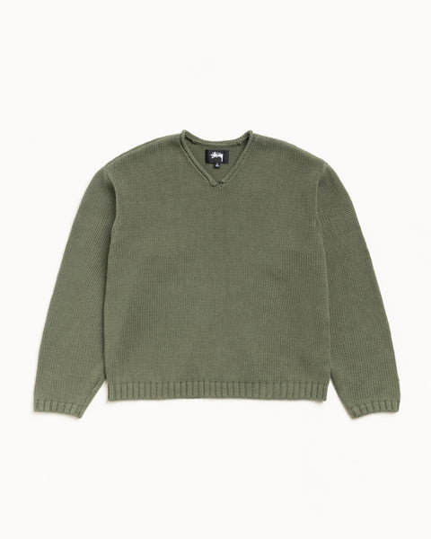 Roll V Neck Sweater Mens Long Sleeve In Olive