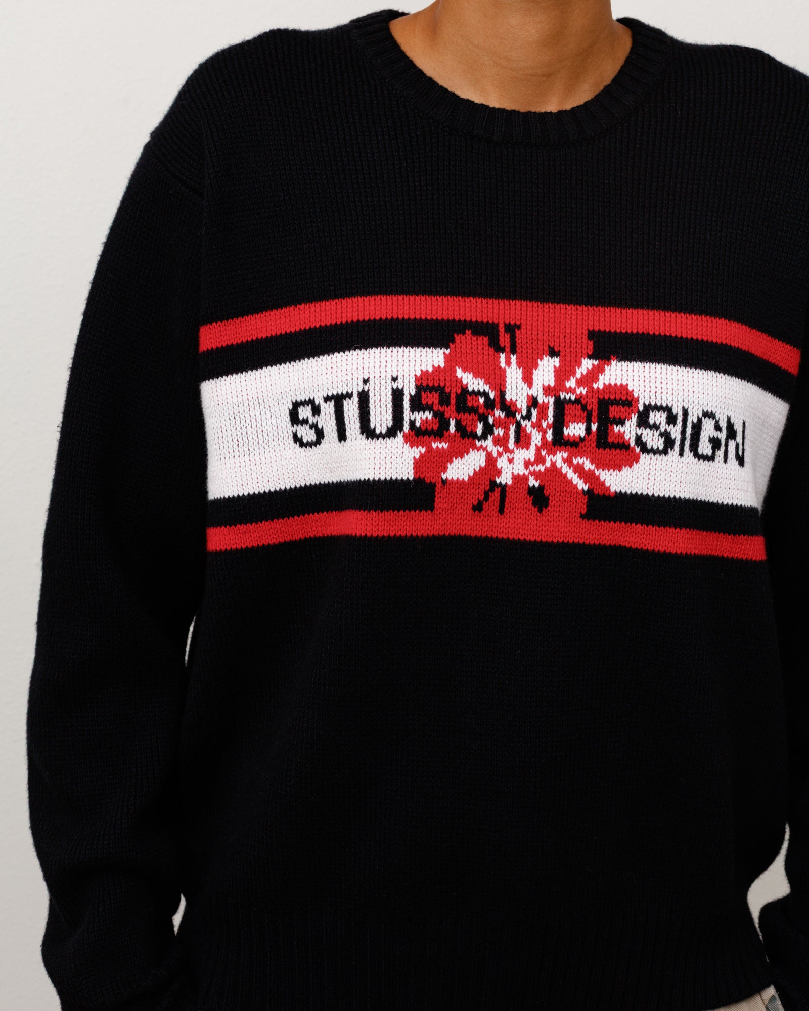 Striped Hibiscus Sweater Unisex Long Sleeve In Black