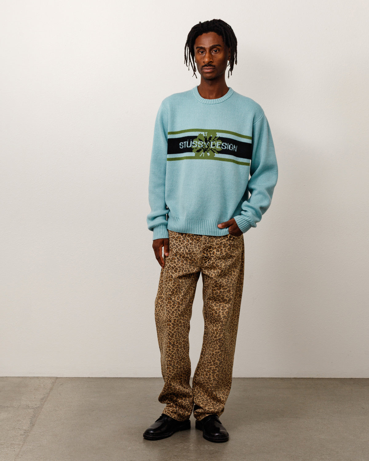 Striped Hibiscus Sweater Unisex Long Sleeve In Dusty Blue
