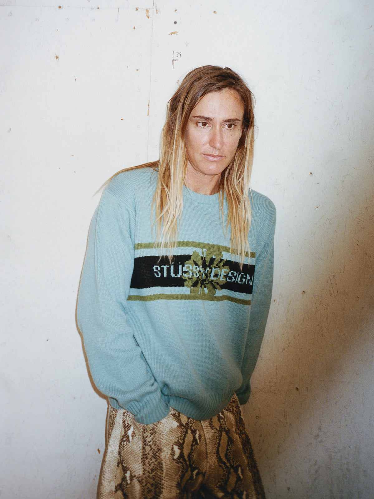 Striped Hibiscus Sweater Unisex Long Sleeve In Dusty Blue