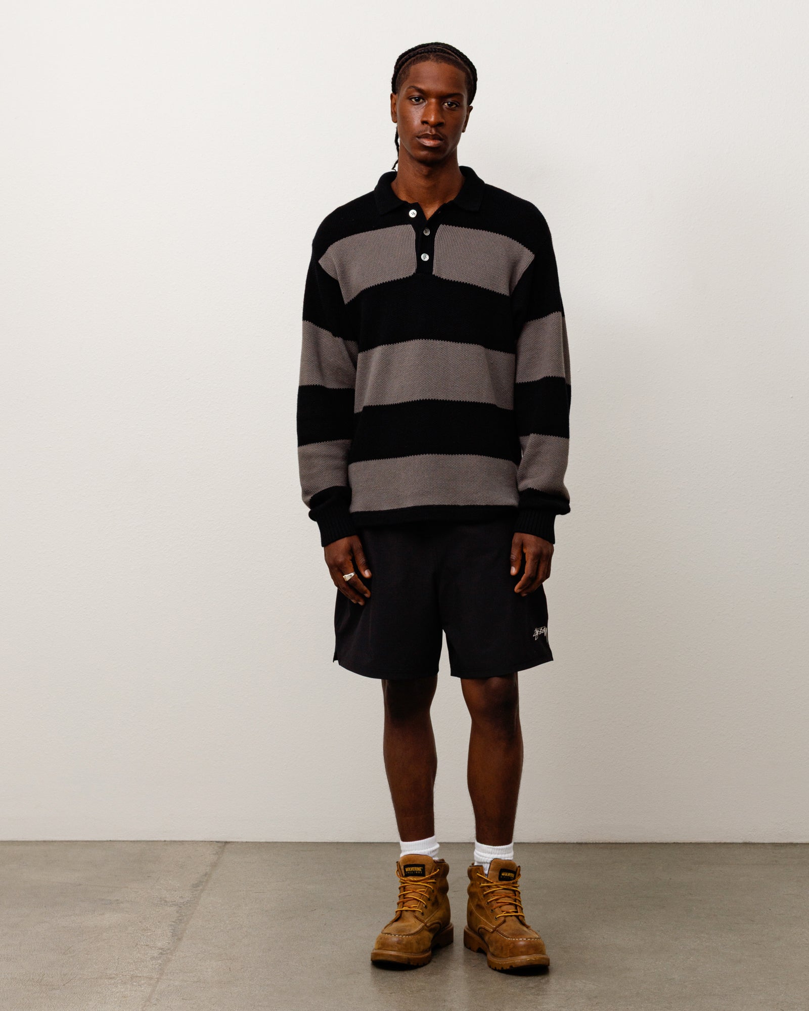 Pique Knit Stripe Rugby Unisex Long Sleeve In Black