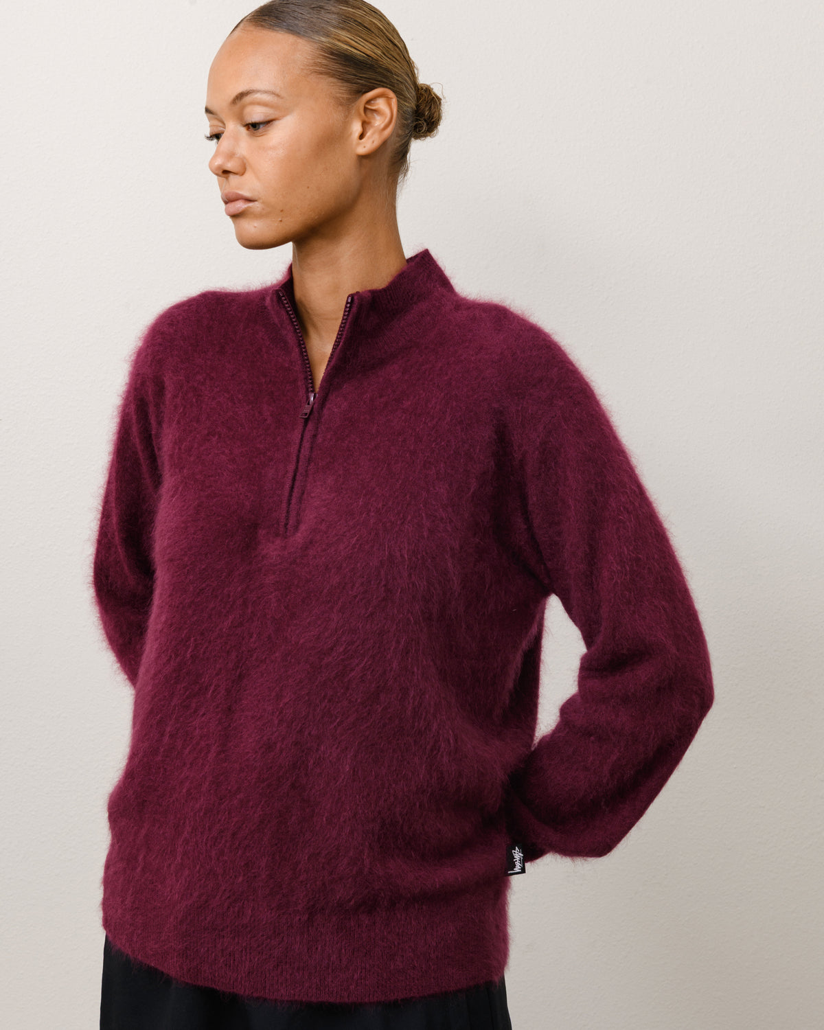 Brushed Cashmere Quarterzip Unisex Long Sleeve In Burgundy