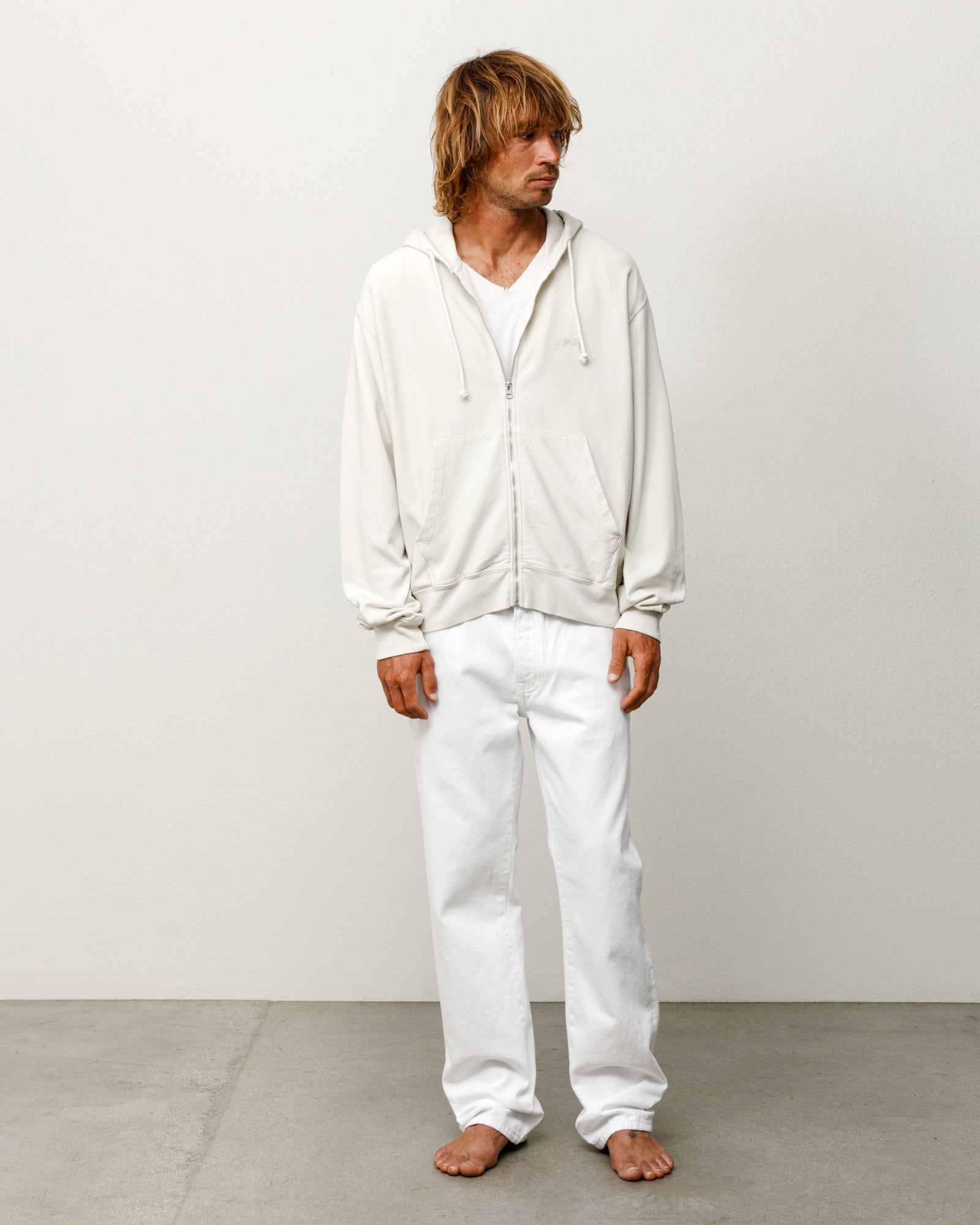 Lightweight Terry Zip Hoodie Unisex Long Sleeve In Stone