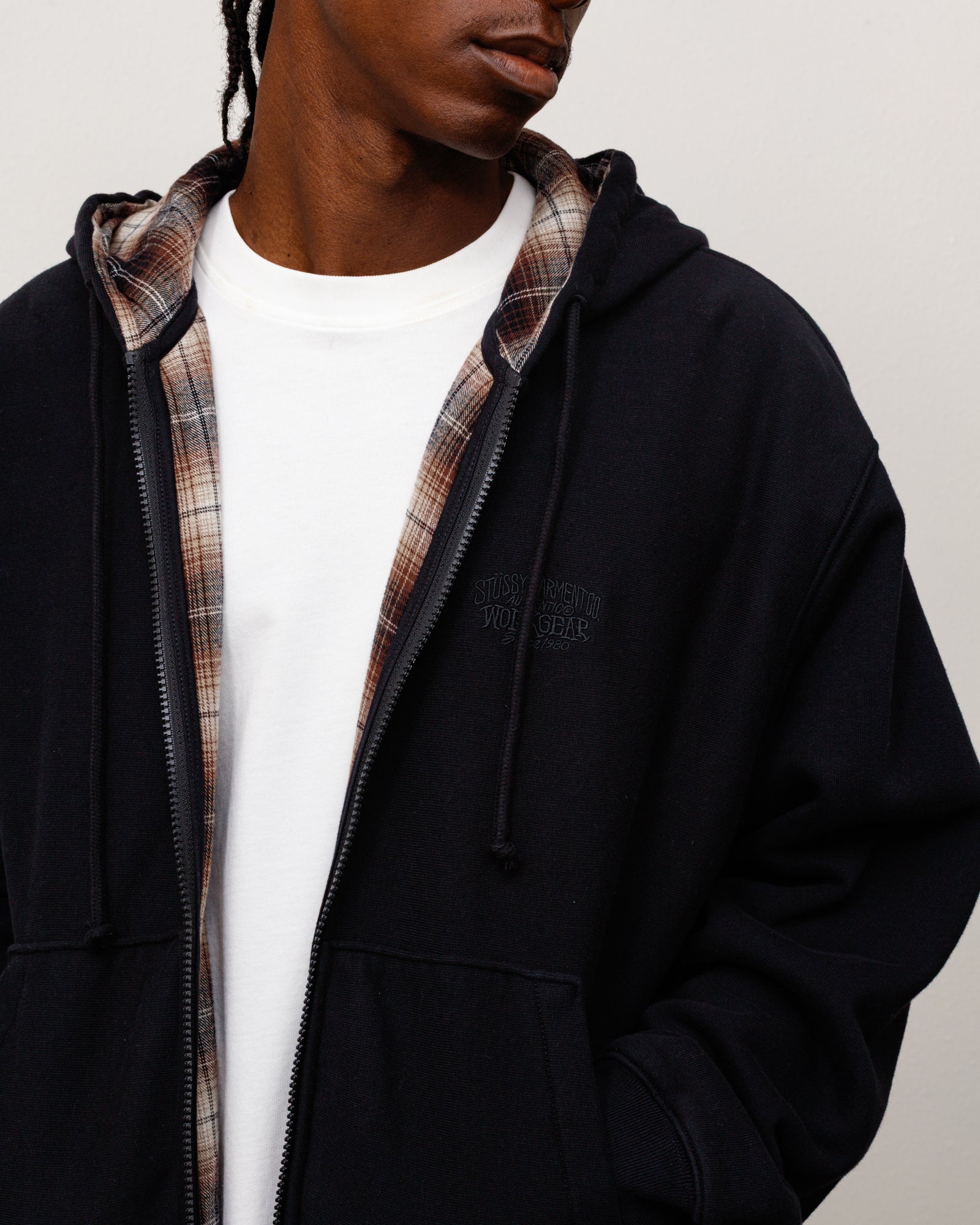 Plaid Lined Zip Hoodie - Black | Zip-up Fleece | Stüssy Japan