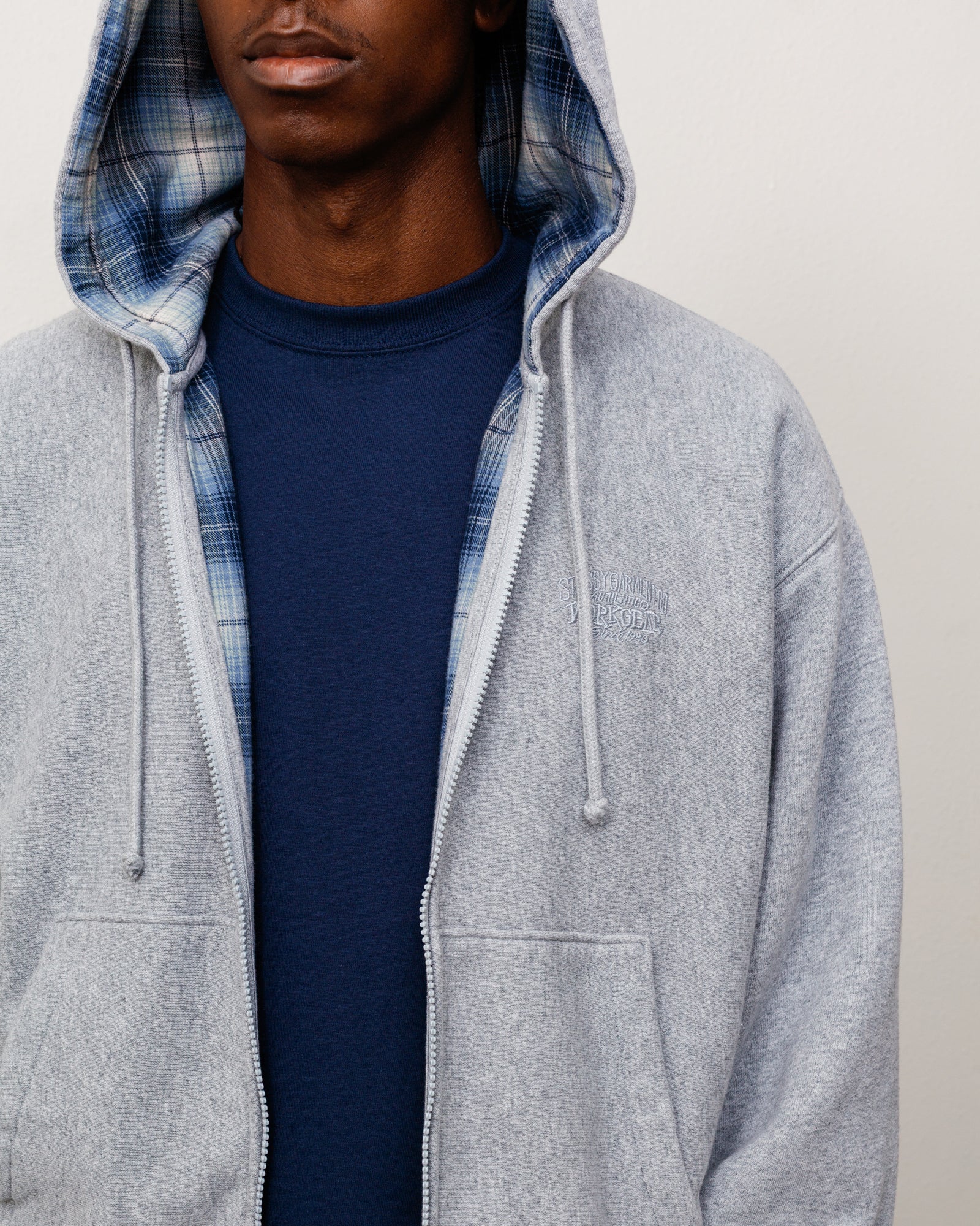 Plaid Lined Zip Hoodie - Grey Heather | Zip-up Fleece | Stüssy Japan