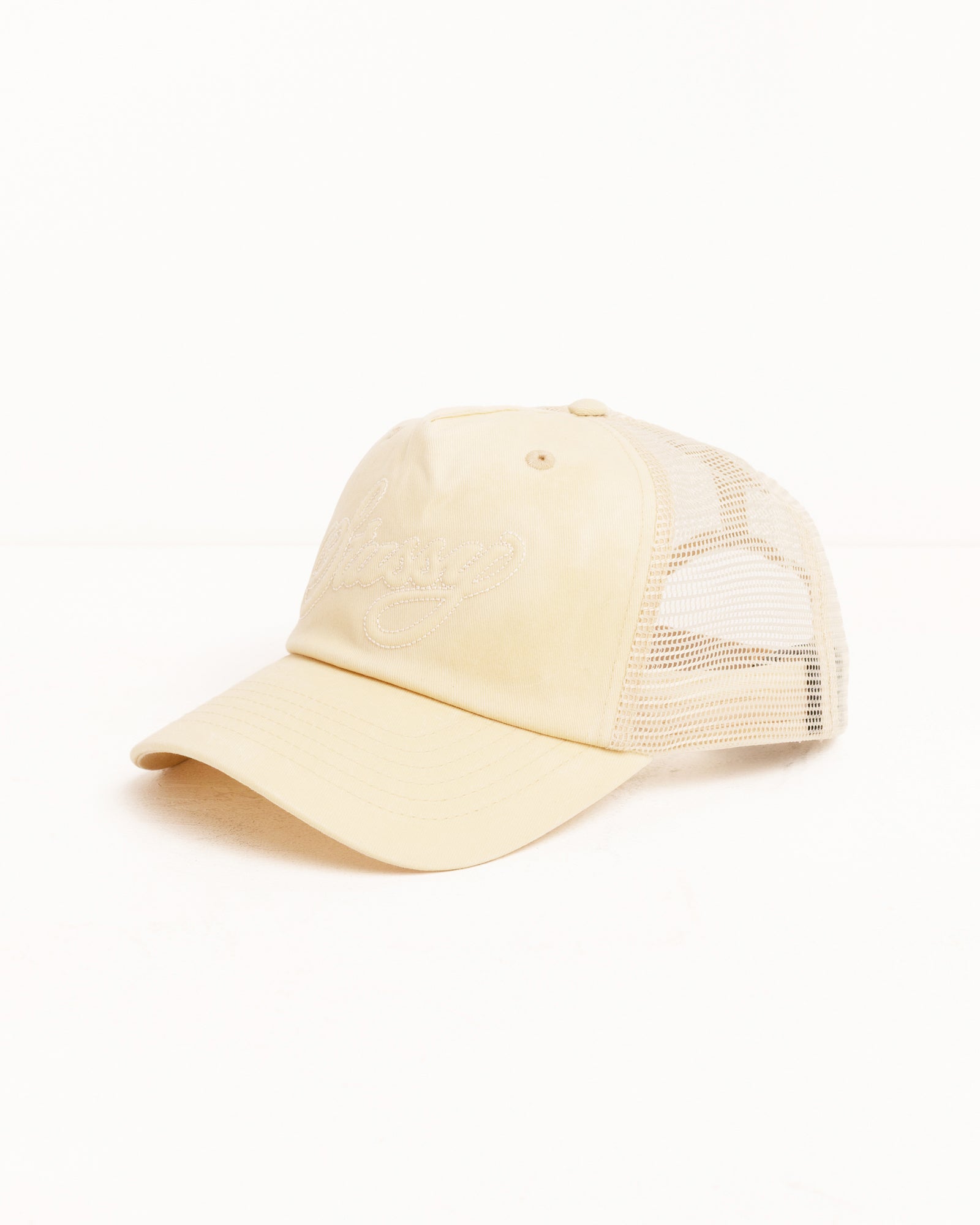 Cursive Stitch Snapback Trucker – Sand | Headwear | Stüssy Japan