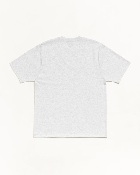 Stüssyのユニセックス半袖Tシャツ、アッシュヘザーのライトグレー。背面をフラットレイで撮影