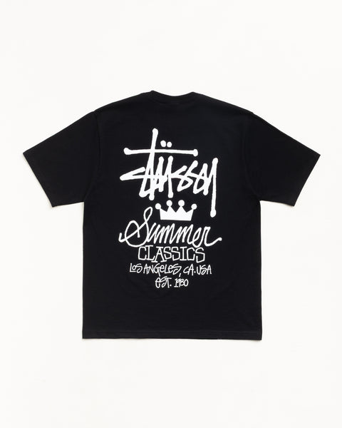 ブラックのユニセックス半袖Tシャツ、背面に大胆なホワイトグラフィックを配したコットンジャージーの定番デザイン