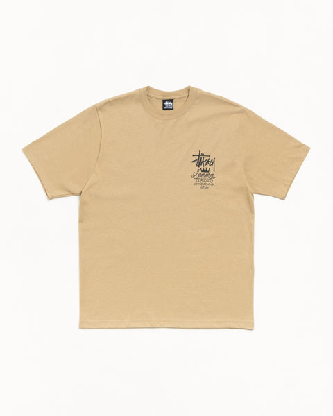 カーキのユニセックス半袖Tシャツ、左胸にロゴプリント、リブ編みクルーネックのミッドウェイトコットンジャージー