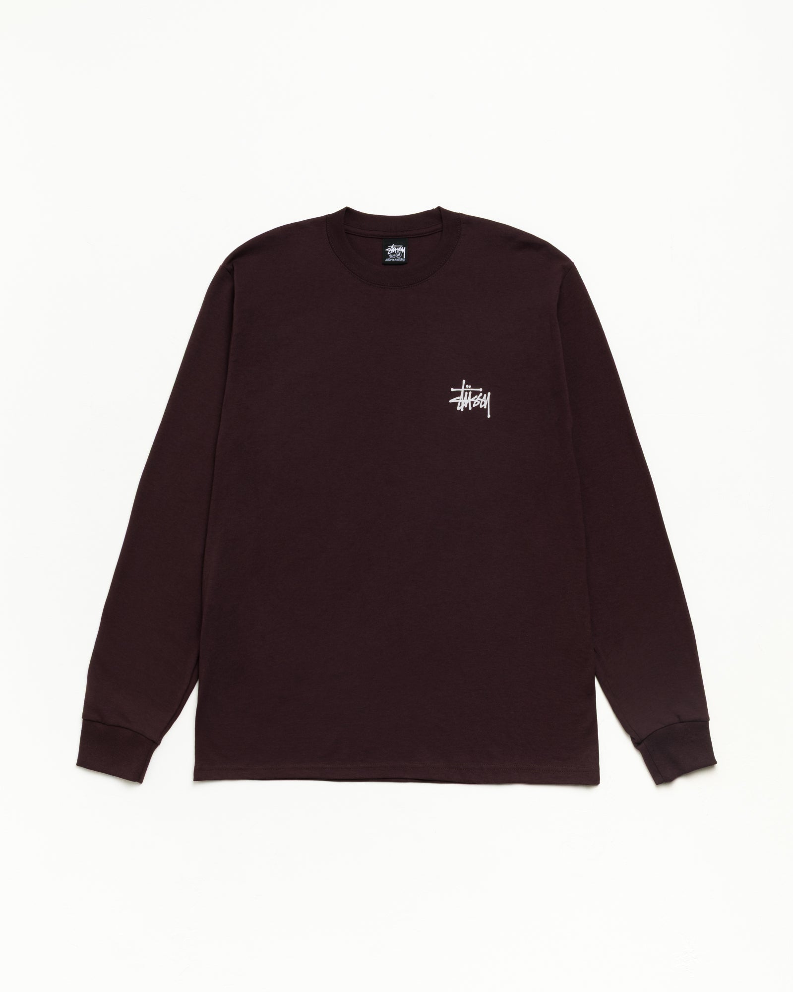 Basic Stüssy LS Tee ユニセックス長袖Tシャツ、胸ロゴ、チョコレートカラー