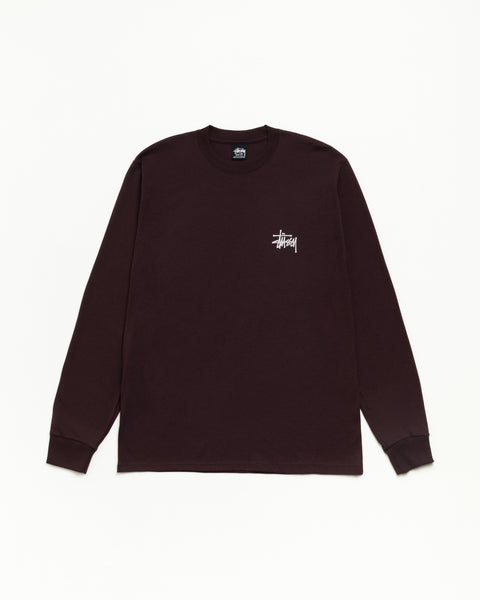 Basic Stüssy LS Tee ユニセックス長袖Tシャツ、胸ロゴ、チョコレートカラー