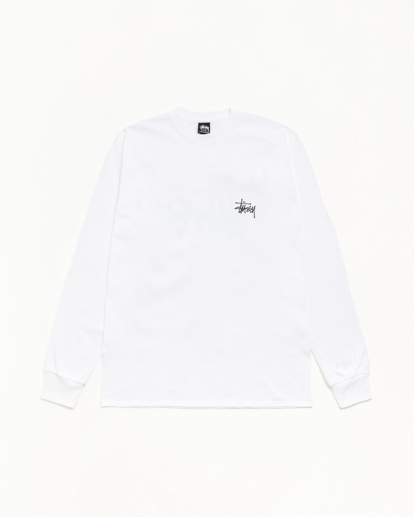 Basic Stüssy LS Tee ホワイト、リラックスフィットの長袖Tシャツ