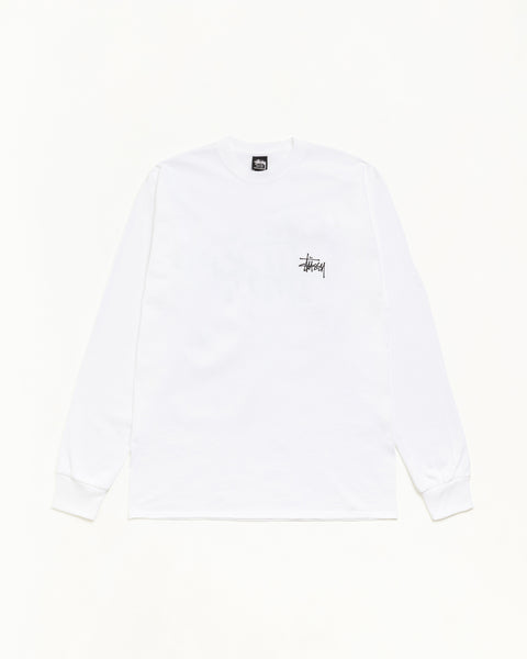 Basic Stüssy LS Tee ホワイト、リラックスフィットの長袖Tシャツ