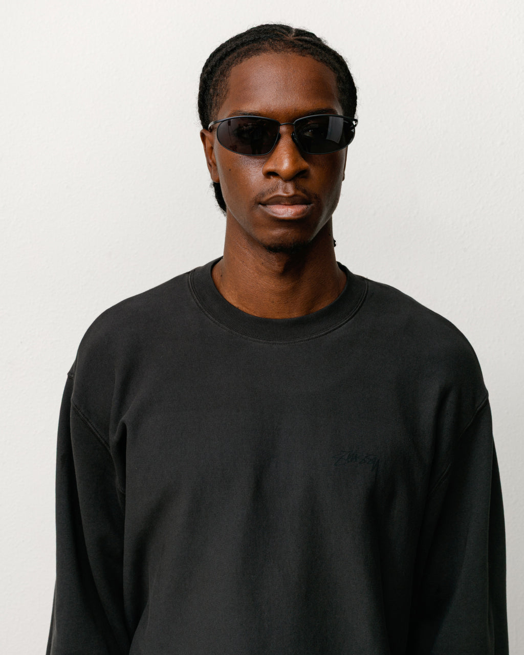 Model wearing the Wilkins Sunglasses in Matte Black/Black Lens.