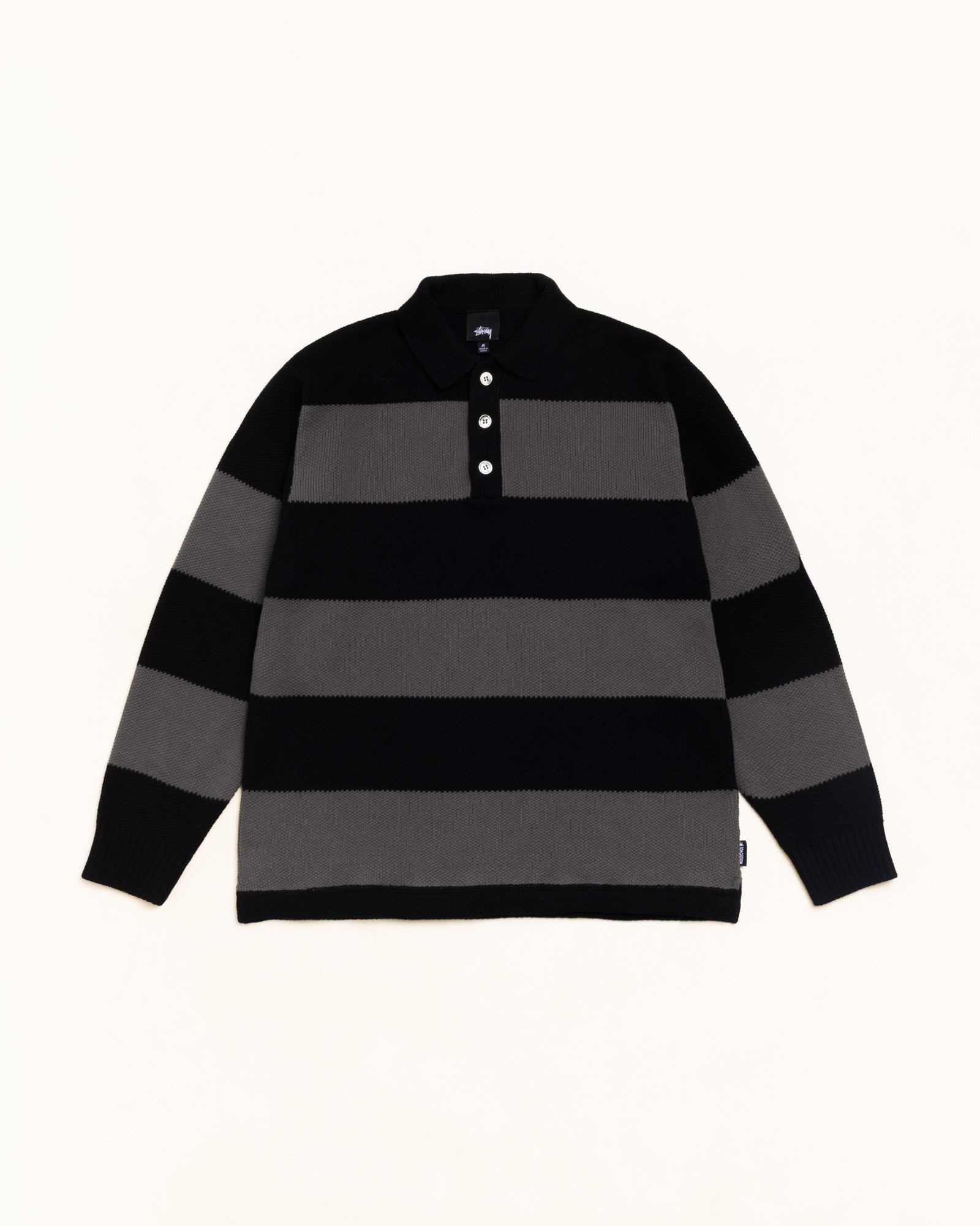 Pique Knit Stripe Rugby Unisex Long Sleeve In Black | hero:main:collection:new-arrivals-b,new-arrivals,shirts,tops-shirts,all,tees,outerwear,denim,knits,accessories,sunglasses,hoodies,sweats,mens-hoodies-sweatshirts,shorts,pants,bottoms,crew-sweats,zip-ups,swim,sweatpants,graphics,lazy-tees,swim,basic-9twenty,button-ups,shorts,cargos,denim-jeans,bottoms,bags,belts,wearables,gear,footwear,button-ups,basic-tops,jerseys,big-ol,classics,slim,jackets,all, | product-card-slider