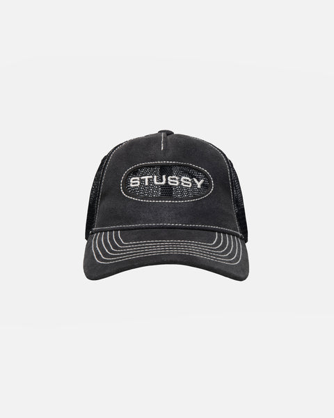 Stüssy Low Pro Trucker Cut-Out Leather Snapback Black Headwear